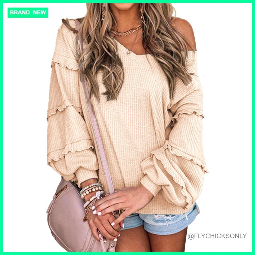 Long Sleeve V-Neck Tunic Blouse, Off Shoulder Ruffles, Waffle Knit Fabric